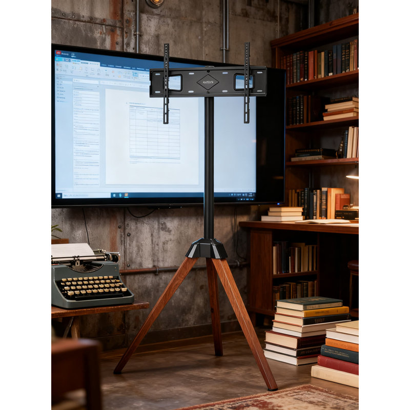 Tripod TV Stand For 40-65 Inch Tvs, 99 Lbs Capacity, 18° Swivel Base With Oak Wood Legs, Universal VESA 600X400 Mm For Living Room, Bedroom, Studio