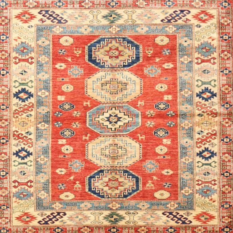 Tapis oriental orange / bleu / beige, Carré 5 pi