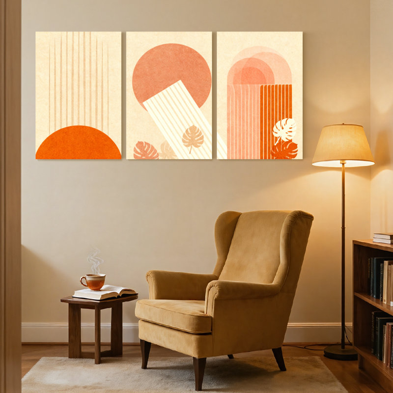 Ensemble de 3 reproductions d'art contemporain sur toile à motif géométrique abstrait avec feuilles tropicales