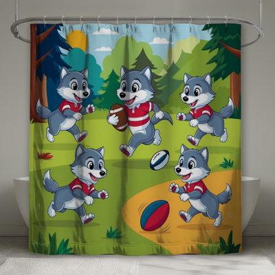 Dessin de loups jouant des rideaux de douche très longs