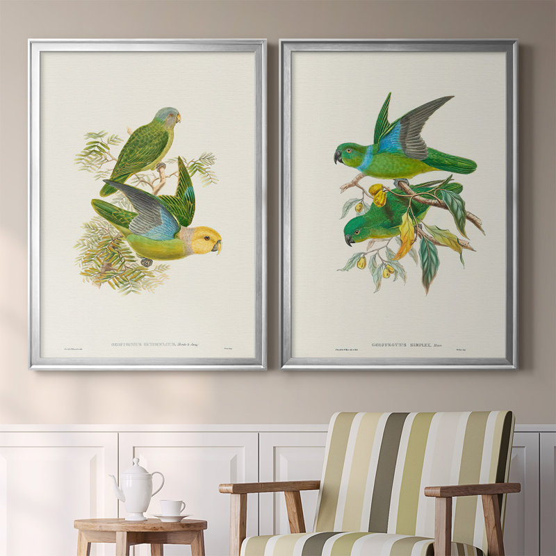 «Lime & Cerulean Parrots I», ensemble de 2 reproductions encadrées sur toile, Cadre argenté, H 30,5 po x l 45 po x P 2,5 po