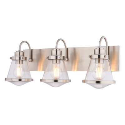 Éclairage pour salle de bain en nickel satiné 3 lumières Covington, 23 po de largeur, verre transparent, contre-plaque en acier, à intensité variable, compatible avec DEL