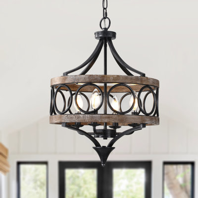 16" Rustic Farmhouse Solid Wood Chandelier, 4-Light Pendant Light with 72" Adjustable Chain for Foyer, Dining Room, Living Room