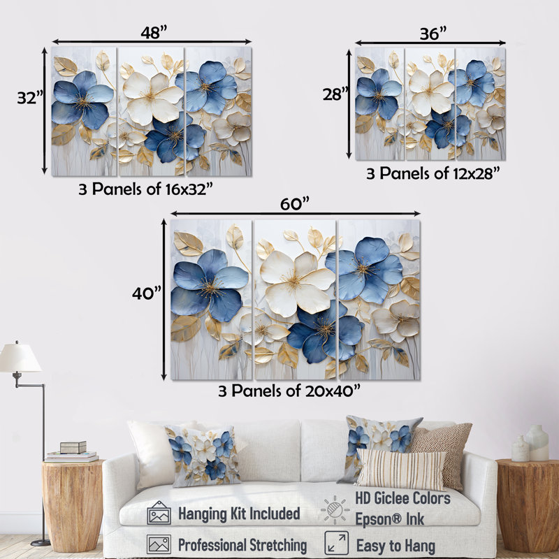 «Blue and Gold Adorned Violets III - Violets», ensemble d'art mural, Toile tendue, H 32 po x l 48 po x P 1 po
