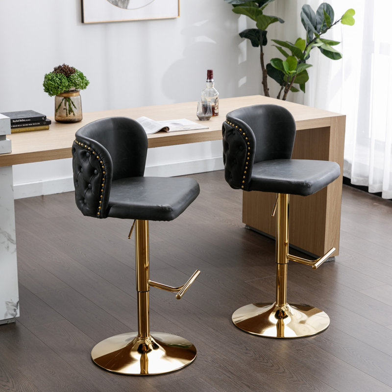Swivel Barstools Adjustable Seat Height Upholstered Bar Stool, Dark Gray, Gold