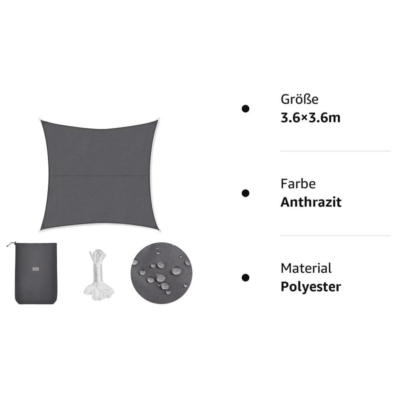 3.6m x 3.6m Square Shade Sail, Anthracite