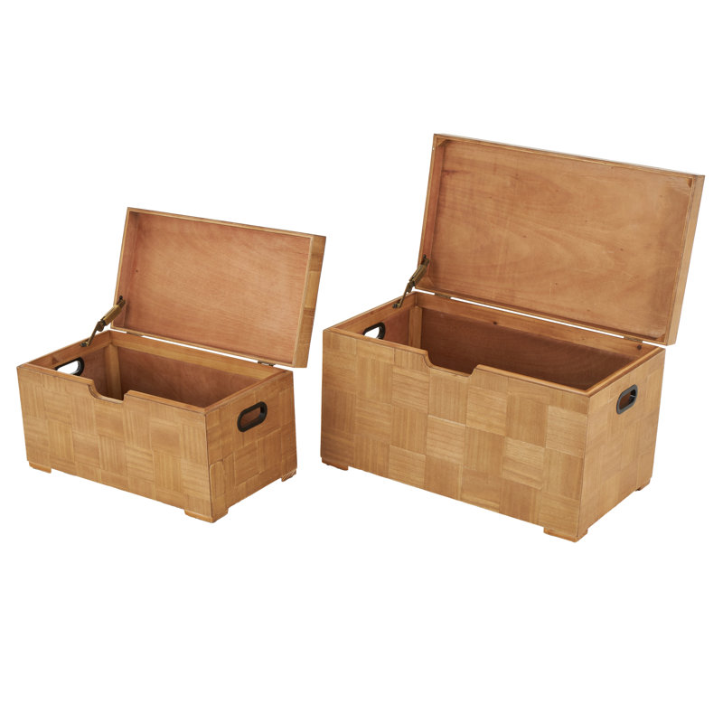 Cole And Grey Wood Handmade Decorative Brown Trunk With Black Metal Accents And Square Patterns Set