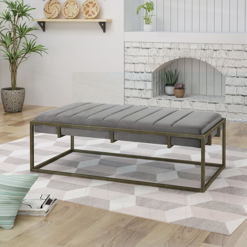 Upholstered Metal Ottoman Bench with Plush Cushioning and Brushed Gold Frame, Perfect for Modern and Classic Interiors.