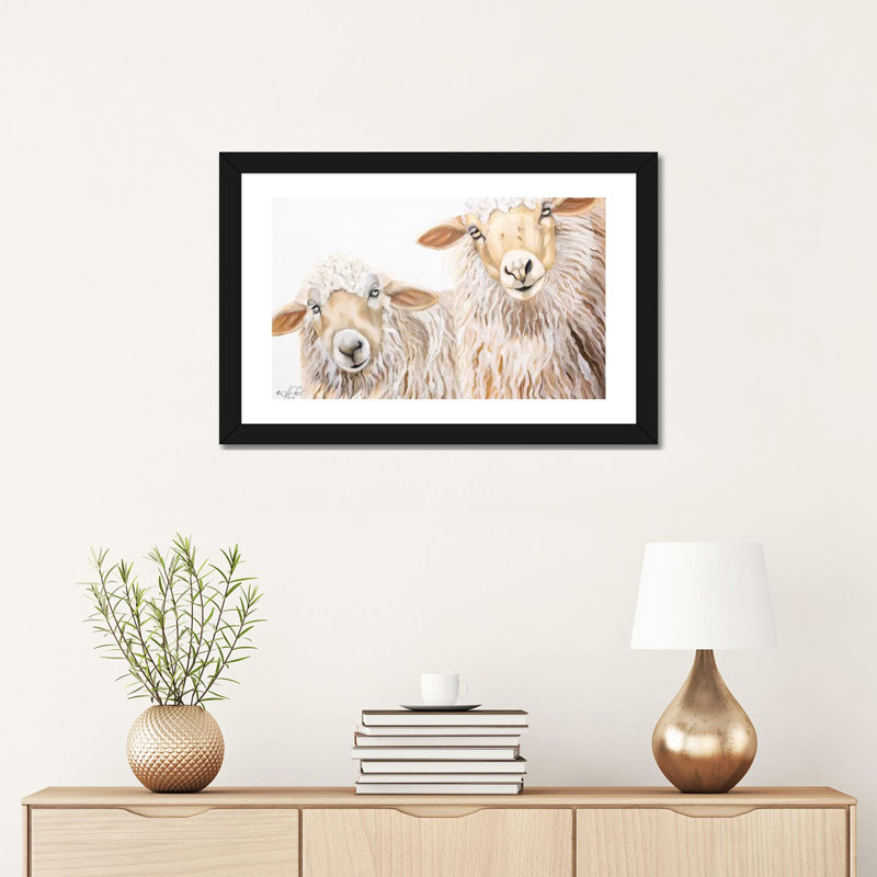 Reproduction d’art, "BA BA White Sheep" par Diane Fifer, H 16 po x l 24 po x P 1 po, Papier encadré noir, Blanc