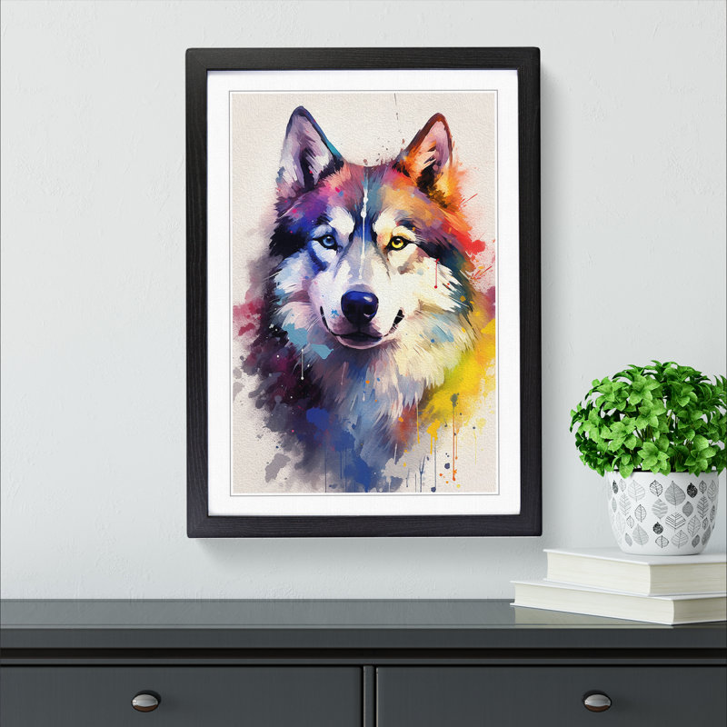 Husky Gestural - Single Picture Frame Print on Wood, Black, 46cm H x 34cm W x 2cm D