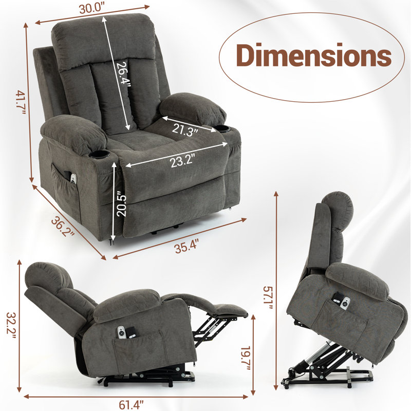 Power Lift Recliner Chair for Elderly, Electric Oversized Single Sofa with Vibration Massage and Heat, Cup Holder and USB Charge Port for Living Room, Grey