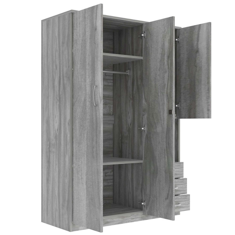 Armoire de rangement en bois à 2 portes pour la chambre à coucher, avec tablettes et 3 tiroirs, Gris