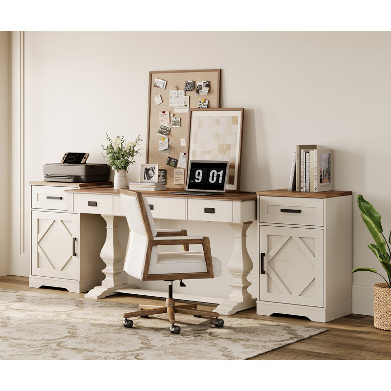 60-Inch Vintage Style Home Office Desk With 2 Farmhouse Organizer Side Tables With Drawer & Barn Door For Document Storage