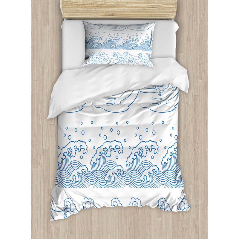 Twin Blue and White Japanese Wave Duvet Cover Set