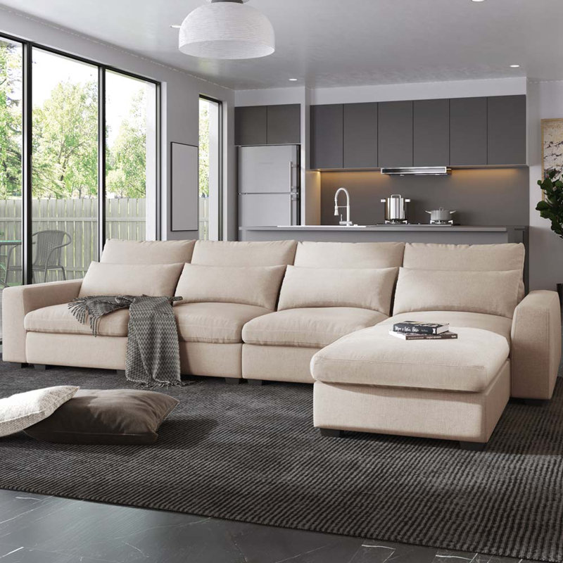 Canapé à accoudoirs carrés de 129,9 po Anacelis, grand canapé modulaire rembourré de plumes en forme de L, canapé convertible, canapé, canapé