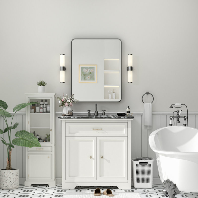 Molly Tempered Glass and Metal Framed French Cleat Mounted Wall Bathroom / Vanity Mirror, 30'' x 24'', Black