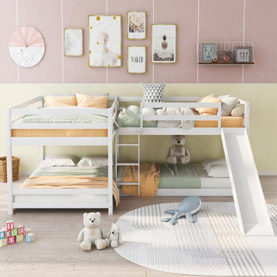 Bed, L-Shaped Bunk Bed With Slide And Short Ladder,White