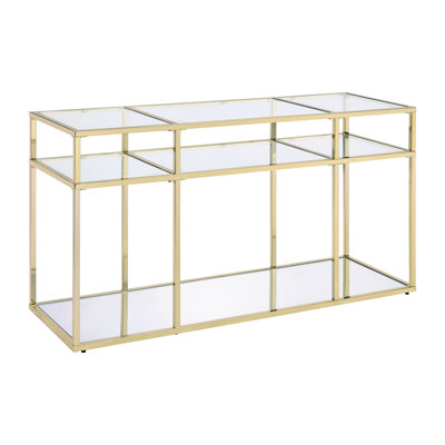3 Tier Sofa Table With Glass Shelves And Metal Frame, Gold by Everly Quinn
