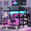 Lit mezzanine en métal avec bureau intégré en forme de L et garde-robe avec éclairage à DEL RVB-2005827699