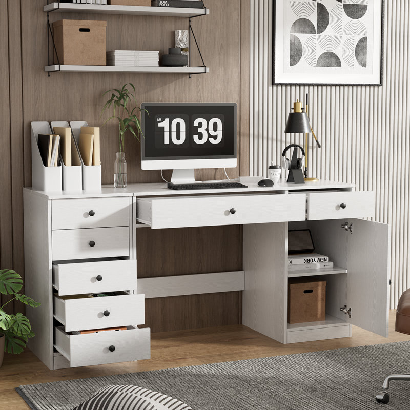 Bureau d'ordinateur de 47,2 po avec armoire de rangement à 5 tiroirs, tablette réglable, grande armoire de rangement pour bureau à domicile