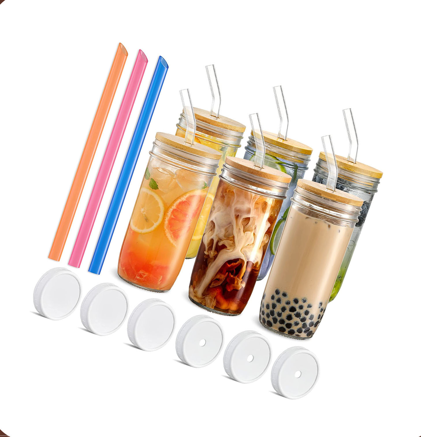 22/24OZ Glass Cup With Bamboo Lid And Straw Transparent Bubble Tea Cup  Juice Glasses Beer