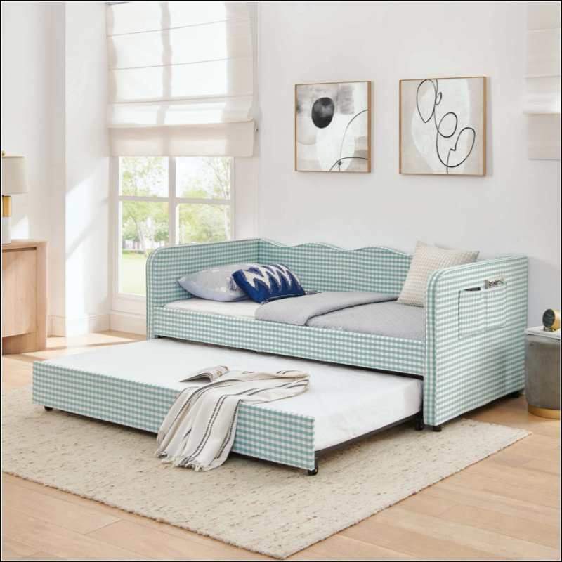 Divan-lit rembourré polyvalent 3 en 1 avec couchette coulissante et poches de rangement latérales, idéal pour les espaces multiples et les espaces restreints