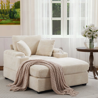 Alhertine 41.85" Wide Corduroy Upholstered Chaise Lounge with Cup Holders,Arm Storage,Throw Pillows by Latitude Run