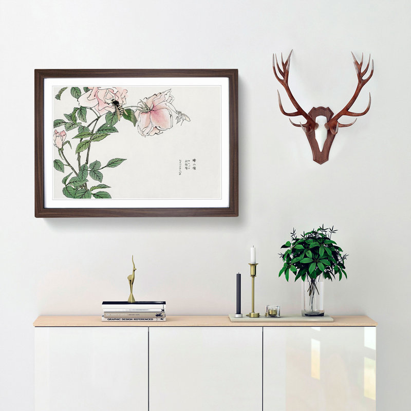 Bee Upon A Pink Flower by Morimoto Toko - Single Picture Frame Painting, Walnut Framed, 24cm H x 33cm W x 2cm D