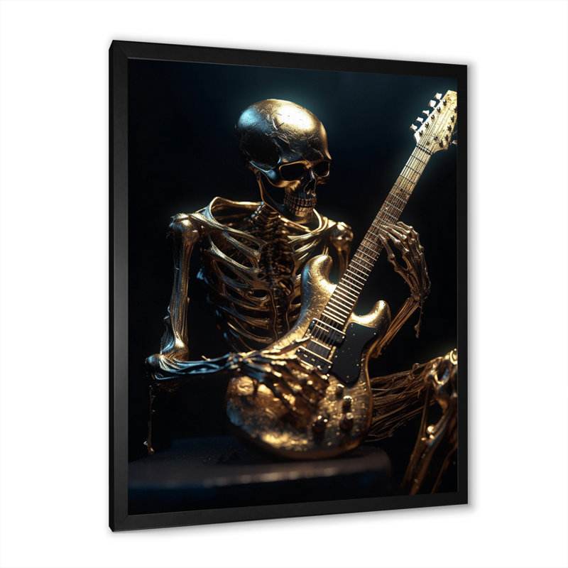 Squelette doré se balançant sur toile, Cadre d'angle fermé noir, H 32 po x l 24 po x P 1 po