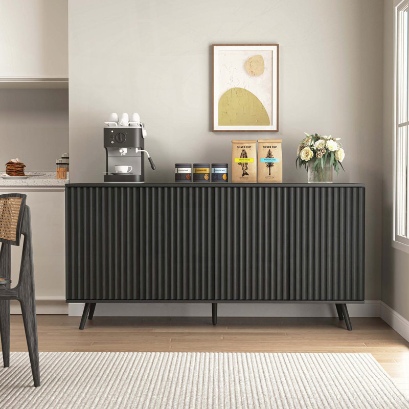 Sideboard Buffet Cabinet with Hexagonal Pattern and Press-Rebound Device, Black