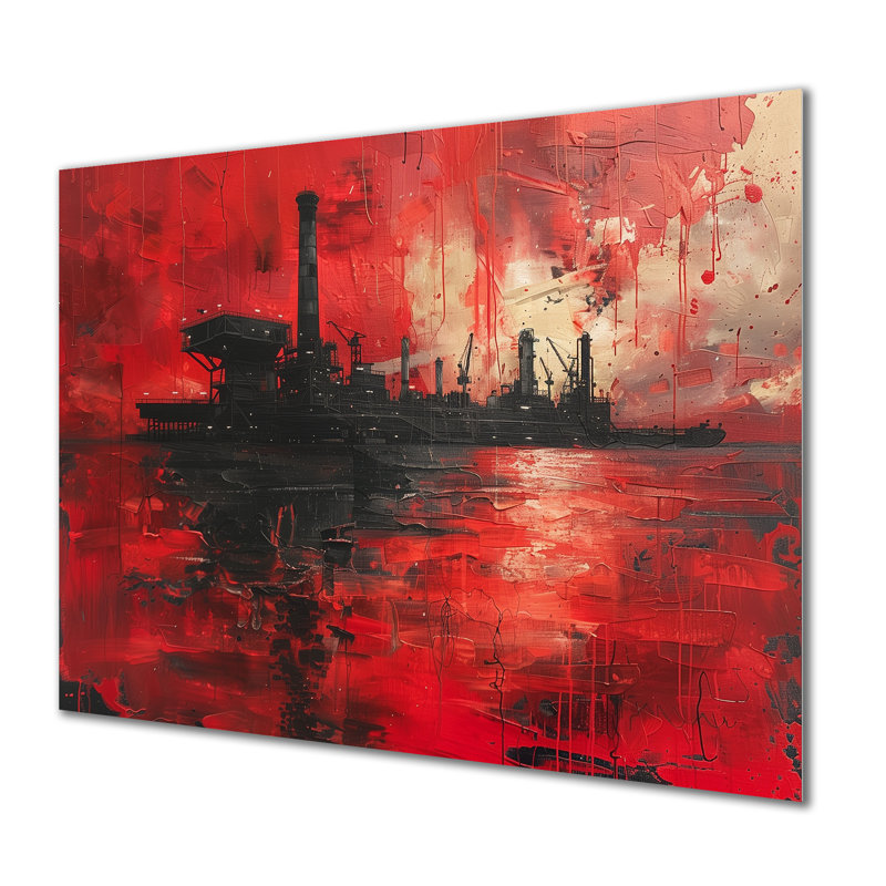 Red Black Petrochemical Pulse Oil Rig - Oil Rigs / Fields, art mural, Métal métal, H 34 po x l 44 po x P 1,5 po