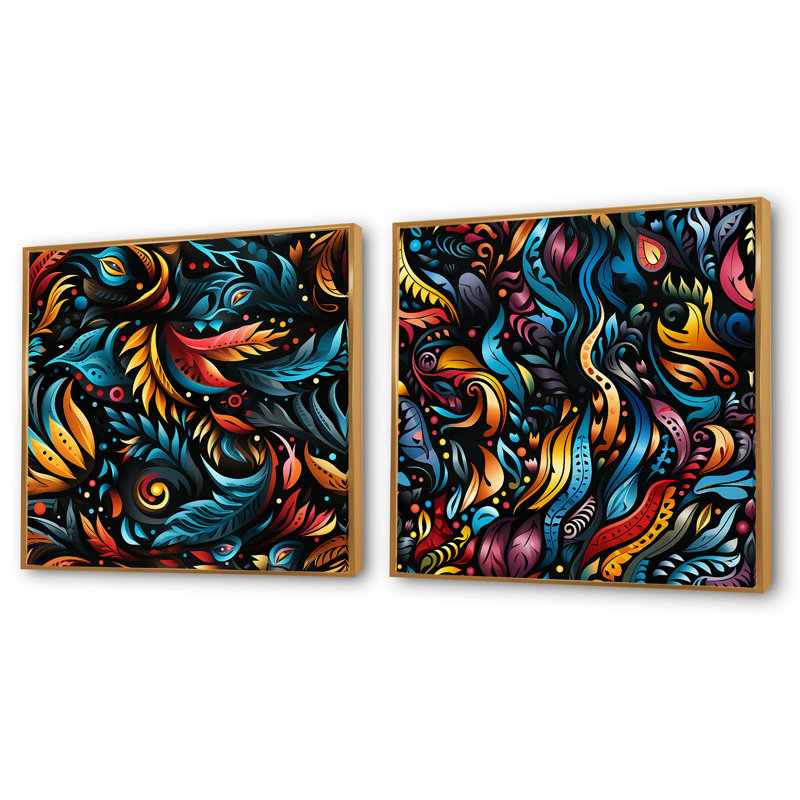 Jessamine - Ensemble de 2 collages carrés botaniques abstraits, Cadre flottant doré, H 30 po x l 61 po
