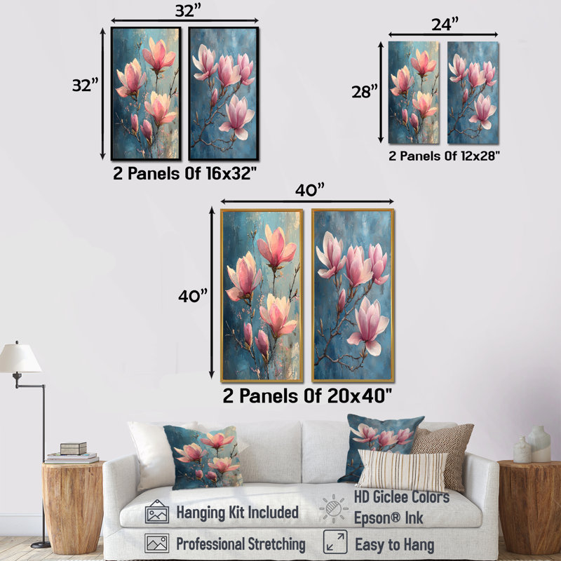 Magnolia en fleurs dans de doux pastels d'hiver impressionniste I - art mural floral 2 pièces, H 28 po x l 25 po