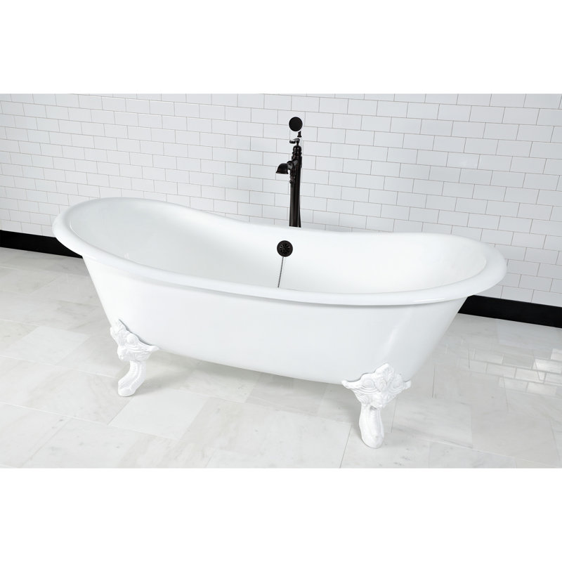 Kingston Brass Aqua Eden 72-Inch Cast Iron Oval Double Slipper Clawfoot Tub (No Faucet Drillings), White