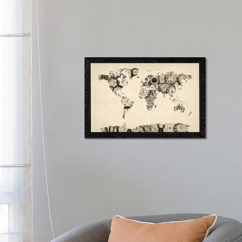 Map Of The World Map From Old Clocks by Michael Tompsett - Floater Frame Print on Canvas, 101.6 cm H x 66.04 cm W