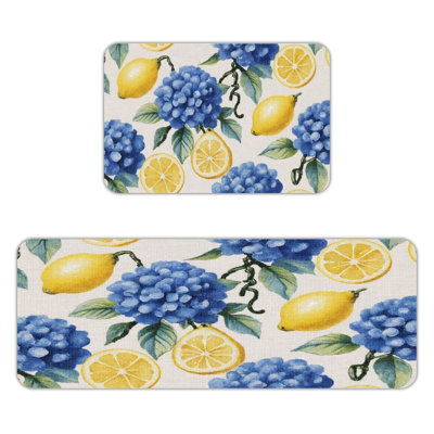 Lemon & Blue Hydrangea, 2 Pcs Non Slip Kitchen Mats