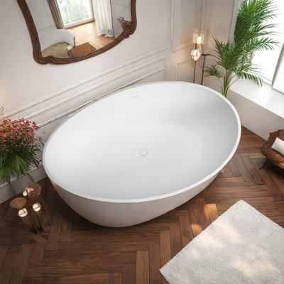 Matte White Freestanding Stone Resin Bathtub, 63" Solid Surface Soaking Tub With 61-Gallon Capacity, Ergonomic Design, Efficient Overflow Drain For Bathroom Spa