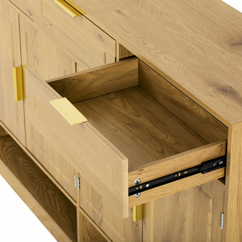 Buffet multifonctionnel de 59 pouces avec tiroirs et tablettes ouvertes, idéal pour les salles à manger et les vestibules.
