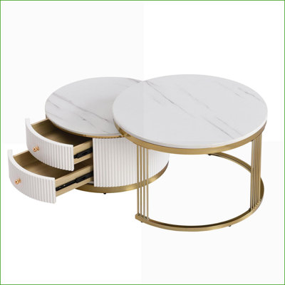 2-Piece Modern White and Gold Nesting Coffee Table Set with Drawers, Space-Saving for Living Room
