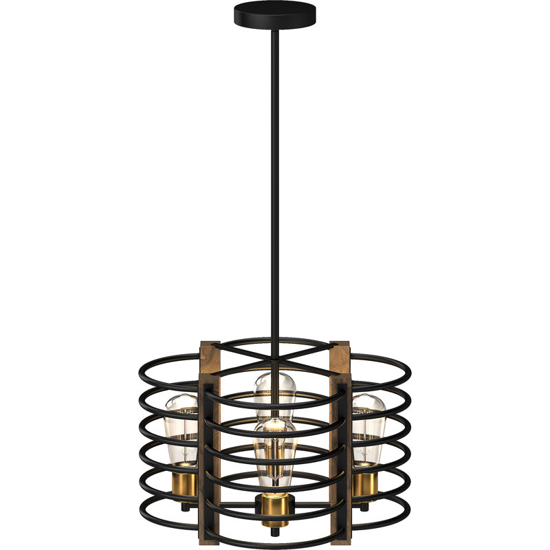 Lustre suspendu cage d'intérieur 4 lumières en bronze et noyer d'inspiration industrielle