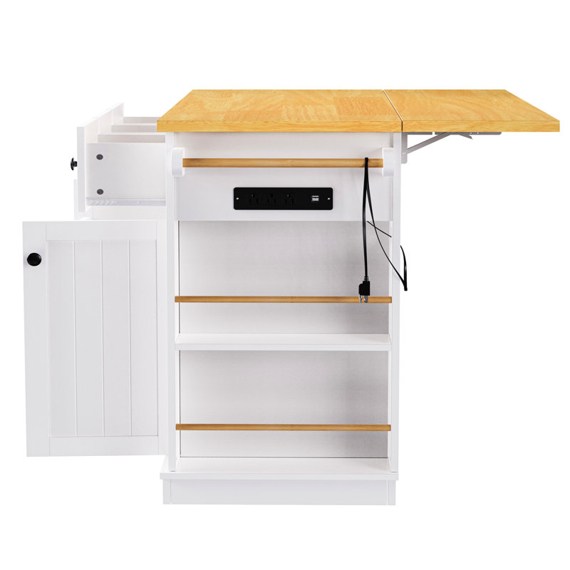 Îlot de cuisine blanc de 53 po avec 2 tabourets de bar, une centrale électrique, un côté ouvert, un abattant et un rangement multifonctionnel à 5 roulettes, une porte de rangement interne, 3 tiroirs