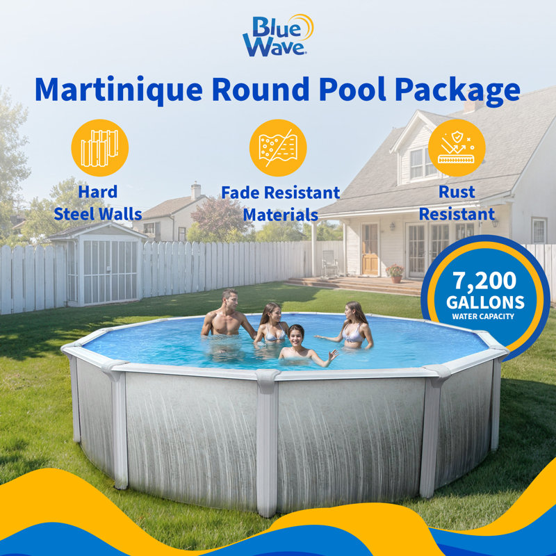 Blue Wave Martinique 18-ft Round 52-In Deep Above Ground Swimming Pool – With Steel Wall & Top Rails, Sand Filter, Overlap Liner, A-Frame Ladder & Maintenance Kit – Complete Outdoor Pool Accessories