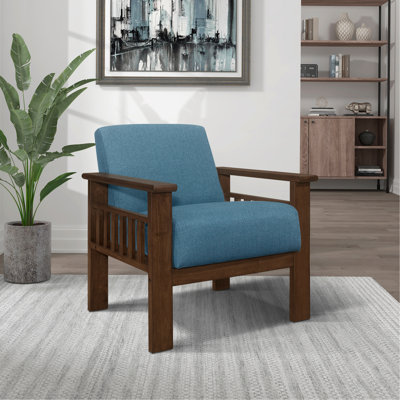 Fauteuil d'appoint en tissu bleu, chaise de meuble de soutien en bois massif au fini noyer, tissu texturé