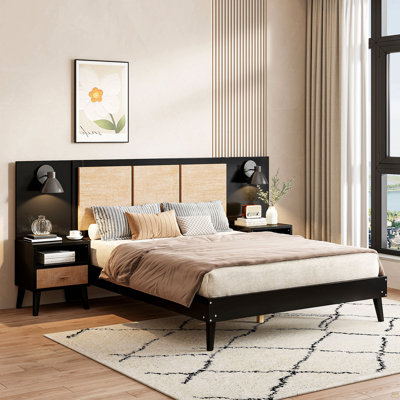 Structure de lit grand en bois massif avec 2 tables de chevet