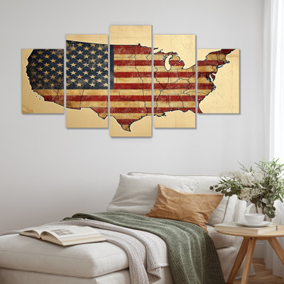 Drapeau rétro et carte des États-Unis - décoration murale patriotiste des États-Unis - art mural moderne 5 pièces