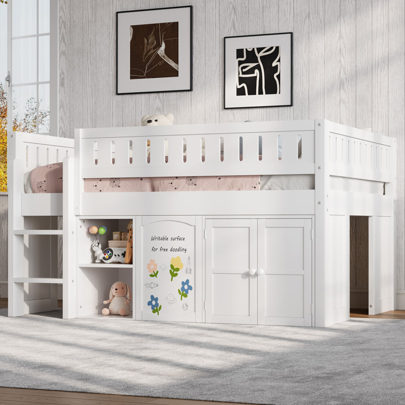 Lit mezzanine double avec armoire de rangement et tableau noir , Blanc