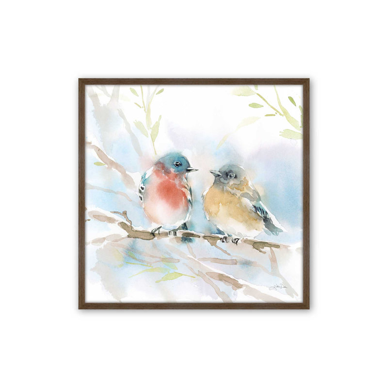 «Bluebird pair in Spring» par Katrina Pete - reproduction d'art sur toile tendue, H 36 po x l 36 po, Noyer