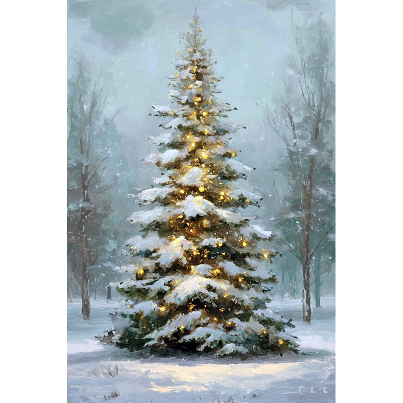 Arbre enneigé avec lumières dorées sur toile tendue, H 36 po x l 24 po