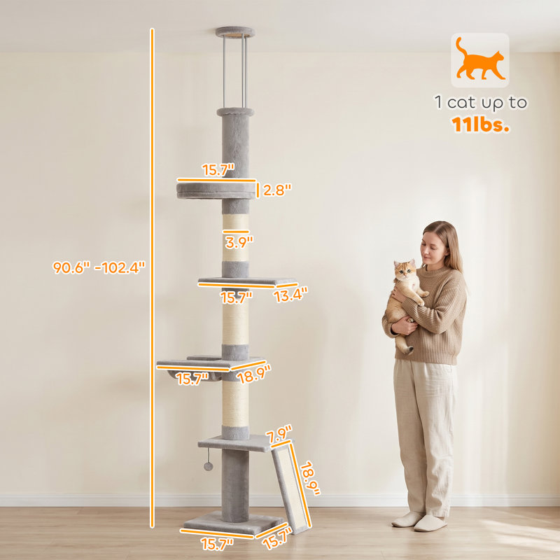 Arbre à chat du sol au plafond, tour à chat réglable sur 5 niveaux (90,6" à 102,4") avec 3 barres de tension supérieures, poteaux de 9,9 cm d'épaisseur, couchage, hamac, perchoirs et griffoirs en sisal, gris pâle