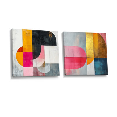 Motif géométrique doré rose et gris «Pure Form I» - art mural géométrique - ensemble de 2 décorations murales modernes